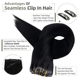 Full Shine Black Hair Extensions Clip in Human Hair 20Inch 8Pcs Seamless Clip in Hair Extensions Human Hair Jet Black Clip In Extensions PU Clip in Hair Extensions Straight Remy Hair 120 Gram