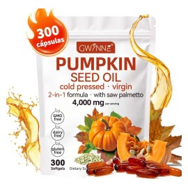 Gwynne Cápsulas Aceite Semilla Calabaza 4000mg Cold Pressed Pure Virgin Oil Apoyar Salud Cabello Sistema Urinario Próstata Rico Ácidos Grasos