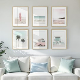 Framed Pink and Mint Green Coastal Wall Art for Living Room, 6 Piece Palm Tree Surfboard Beach Pictures Prints for Bedroom, Tropical Nautical Ocean Beachy Artwork for Hallway Walls Decor, 11x14 Inch
