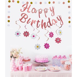 Daisy Pink Glitter Happy Birthday Banners Boho Flower Hanging Swirls Birthday Party Decorations for Kids Girls Party Supplies
