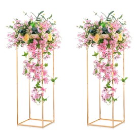 NUPTIO - 2 piezas de metal para florero con columna geométrica para mesas, soporte de flores dorado de 31½ pulgadas de alto para decoración del hogar, fiesta, boda, estante de exhibición rectangular