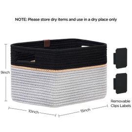 UBBCARE 2 Pack-15''L x 10''W x 9''H Storage Baskets for Shelves, Large Woven Rope Basket, Black&Grey