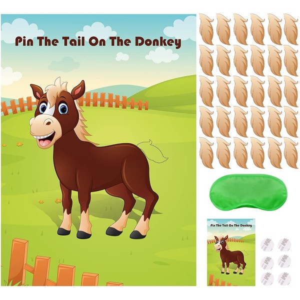 Pin The Tail On The Donkey Party Game for Kids Birthday Party Supplies Donkey Party Favors, Large Donkey Games Poster with 30 Pcs Tails