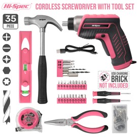 Hi-Spec 35-Piece Tool Kit with 3.6V USB Small Electric Screwdriver Set, Pink Drill Set for Women, Tool Kit for Home