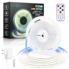 LUXONIC COB LED Strip, 32.8 ft/10 m, 6000 K Cool White LED Light Strip, 24 V Dimmable Light Strip with Remote Control, CRI90+ Ultra Bright Flexible Light Strip for Cabinets, Living Room Decoration