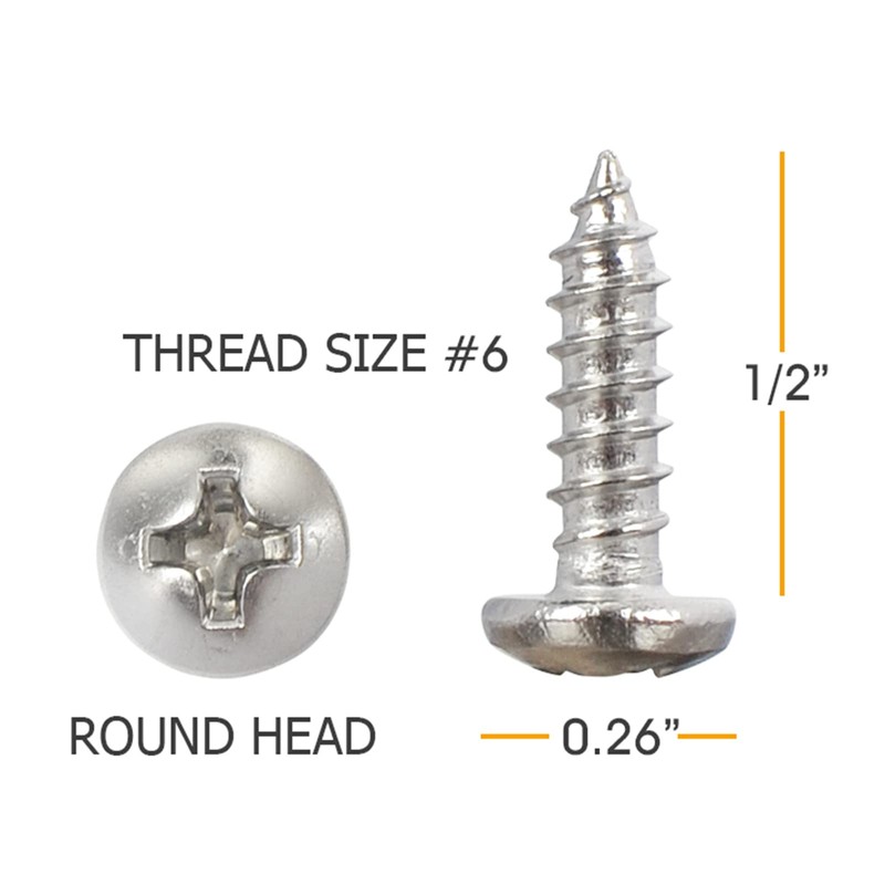100 Pieces #6 x 1/2" Round Head Wood Screws Stainless