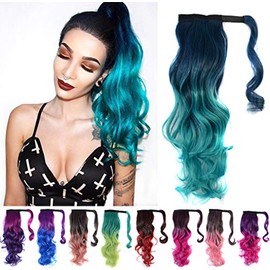 Colorful Ombre 2 Tone Cosplay Ponytail Hair Extension Body Wavy Fake One Piece Clip in Warp Around Pony Tail Green/Yellow