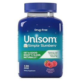Unisom Simple Slumbers - Gomitas de ayuda para dormir sin drogas, melatonina de 5 mg, apoyo para dormir para adultos, sabor frambuesa medianoche, 120 