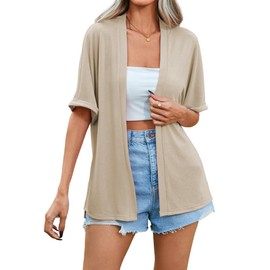 Famulily Open Front Half Sleeve Side Split Cardigans for Women, Summer Beach Cover ups Loose Cardigans (M, Beige)