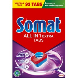 Somat All in 1 Extra Dishwasher Tabs (92 Tabs), Dish Rinse Tabs for Radiantly Clean Dishes, Even in Short & Eco Programs, Removes Crusted and Provides Brilliant Shine