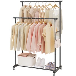 Calmootey Double Rods Clothes Garment Rack, Rolling Clothing Rack for Hanging Clothes, Coat Storage, Organizer for Bedroom, Livingroom, Apartments, Black