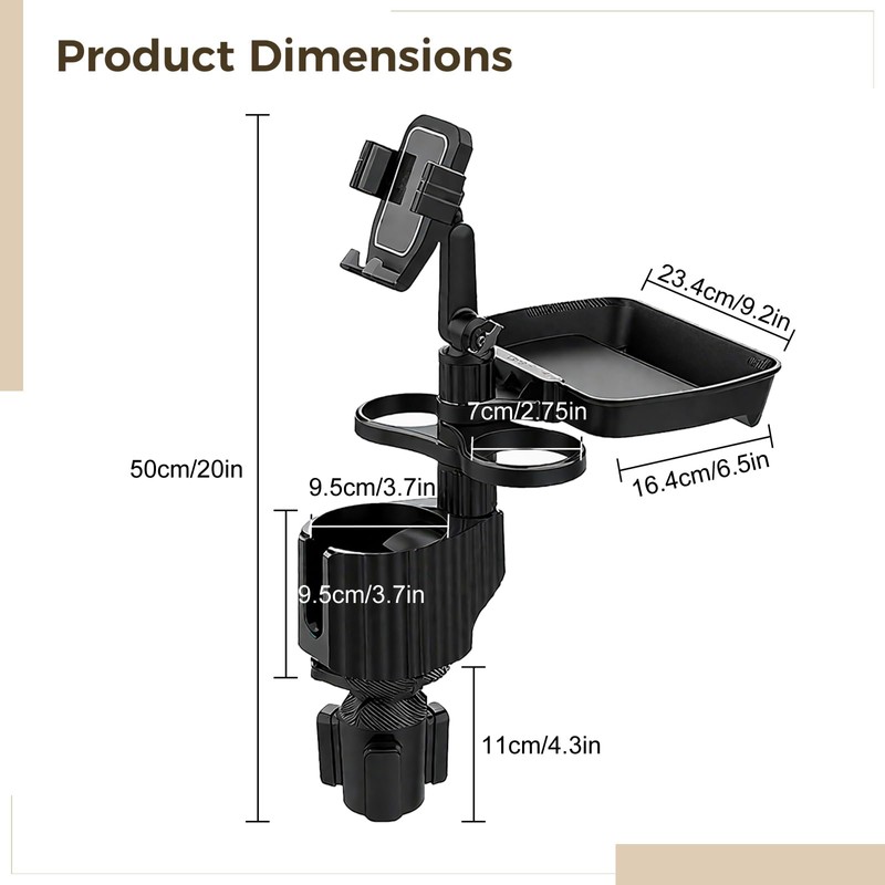 6-in-1 Car Cup Holder Expander with Tray & Phone Mount,