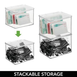mDesign Plastic Stackable Home Office Storage Organizer Box with Hinge Lid - Holder Container Bin for Note Pads, Gel Pens, Staples, Dry Erase Markers, Tape, Supplies - Lumiere Collection - Clear