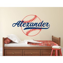 Custom Baseball Name Wall Decal - Baseball Wall Decals - Nursery Wall Decals - Kids Sport Baseball Room Decor Art Mural Vinyl Sticker (32"W x 18"H)