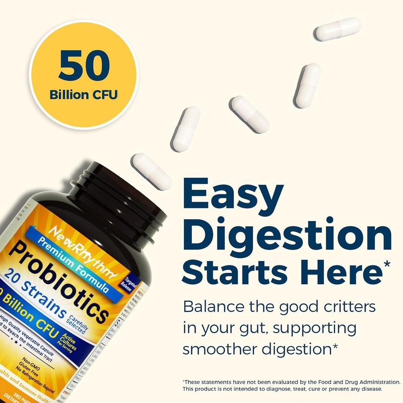 NewRhythm Probiotics 50 Billion CFU 20 Strains, 120 Veggie Capsules,
