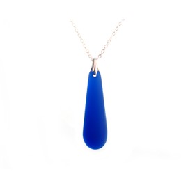 Cobalt Blue Teardrop Pendant Necklace - Recycled Riesling Bottle - Sea Glass Finish and Silver-Plated Chain
