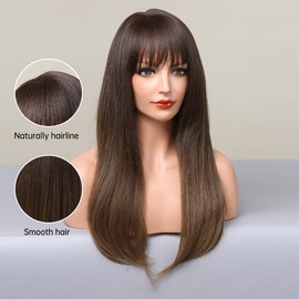 Allbell Long Brown Wig with Fringe Straight Layered Hair Wig for Women Natural Looking Synthetic Wig