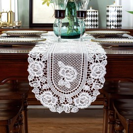 auons White Crochet Lace Table Runner Dresser Scarf Peony Floral Macrame Table Runner Farmhouse for Home Banquet Wedding Coffee Buffet Table Decor, 12 x 72 Inch