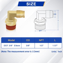 Daptemn 3/8" DOT Brass Air Brake Line Push to Connect Fittings, 2PCS Quick Connect Air Fittings 3/8" Tube OD X 1/2" NPT 90° Elbow Tube to Male Pipe Swivel for Truck Trailers Air Brake System