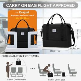 HYC00 Cabin Bag 45x36x20 for Easyjet Underseat Ryanair Cabin Bags 40x20x25 Travel Bag Holdall Bag Carry on Hand Luggage Bag Weekend Bag for Women Men Overnight Travel Duffel Bag Sports Gym Bag,Black