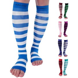 Doc Miller Calcetines de Compresión de Punta Abierta (1 par) 15-20 mmHg Medias de Compresión Para Ejercicio, Recuperación, Dolores, Varices, Mangas para Pantorrillas (Azul Blanco, Mediano)