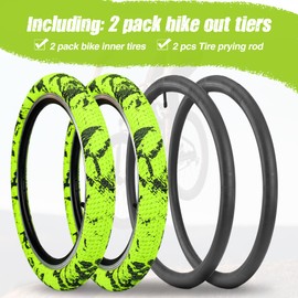 WEEROCK 20 Inch Bike Tire Kid Bike Tires 2 Pack 20 x 2.1 Folding Bead Replacement Tyre with 20 Inch Inner Tubes for 20 Inch Bicycles, Child Bike, MTB, Mountain Bike, BMX, Green-Yellow Black