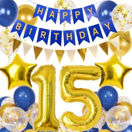 15th Birthday Decorations Boys, Navy Blue Gold Balloons and Happy Birthday Banner, 40 Inch Number 15 Foil Birthday Balloons with Birthday Bunting, for Boys Girls Birthday Decoration