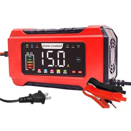 15-Amp Portable Battery Charger, 12V/24V LiFePO4 & Lead-Acid (AGM/Gel/SLA) Trickle Charger, Smart 9-Stage Maintainer for Car, CRV, Marine, Lawn Mower with Temperature Compensation