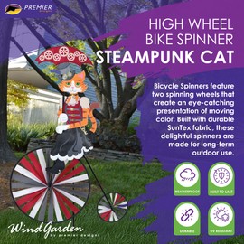 High Wheel Bike Spinner Steampunk Cat – Unique Feline Design, Weather-Resistant Outdoor Decor, Durable & Lightweight for Patios, Yards, and Gardens - Eye-Catching Wind Spinner with Rotating Wheels