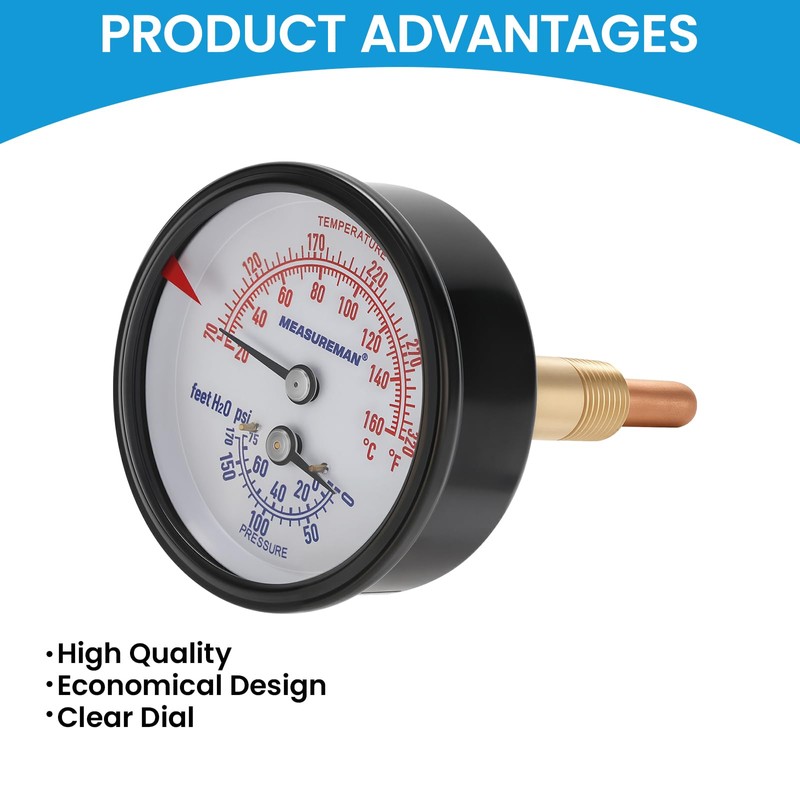MEASUREMAN Commercial Tridicator, 2.5" Dial, 1/4" NPT Back Mount, Dual