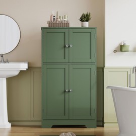 TEENFON Bathroom Floor Storage Cabinet, Freestanding Bathroom Cabinet with 4 Doors & 2 Adjustable Shelves, Cupboard, Floor Cabinets for Living Room, Entryway, Office, Forest Green