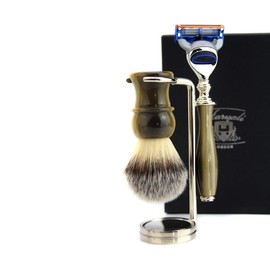 Horn Replica Vintage Style Shaving Gift Set for Men || Synthetic Hair Brush Horn Handle,5 Edge Compatible Razor with Horn Handle & Stainless Steel Stand/Holder