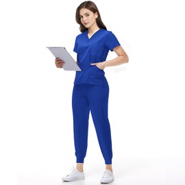 KARAZZO Scrubs Set for Women Nurse Uniform Jogger Suit V-Neck Scrub Top & Jogger Pant with Pockets for Nurse Workwear (Royal Blue, XX-Large)