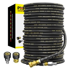 POHIR Power Washer Hose 100FT with 3/8'' Quick Connect, High Tensile Wire Braided Car Wash Water Hose with 2 Quick Connect Kits Compatible M22 14 mm, 1/4 Inch Hose for Pressure Washer, 4200 PSI