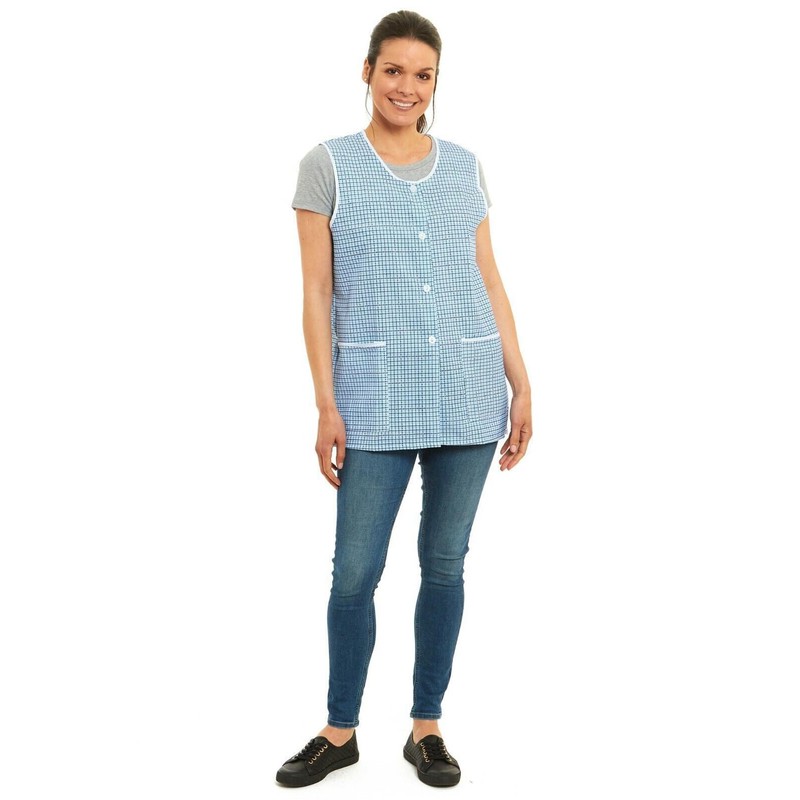 Ladies Dogtooth Buttons Through Design Piping Tabard Apron Overalls Front