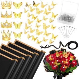 Tidponra 173Pcs Flower Wrapping Bouquet Paper Kit with 20 Sheets Waterproof Floral Wrapping Paper, 4Pcs Gold Crowns,48Pcs Butterfly and 100 Pcs Flower Pins for Flower Bouquets, Black