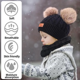 Udbrud 3-in-1 Children's Winter Hat Scarf Gloves Set, Warm Winter Beanie Hat Gloves Scarf Set Knitted Hat Baby Hat Children's Hat Set for Children Boys Girls 1-8 Years, black