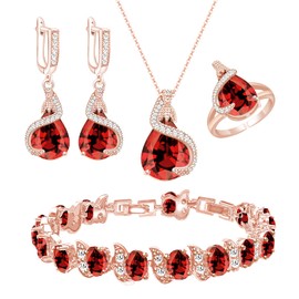 GZWHD 18K Rose Gold Plated Teardrop Red Created Garnet Jewelry Sets For Women Valentine's Day Birthday Mother's Day Gift For Wife Lover Mother Sister Best Friend, Necklace Pendant Earrings Open Ring Bracelet Set