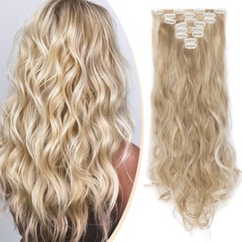 Clip-In Hair Extensions for Complete Hair Extension, 8 Pieces, 18 Clips, Wavy, 60 cm, Sandy Blonde and Bleached Blonde