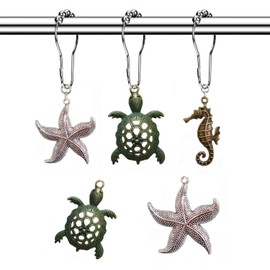 Beach Shower Curtain Hooks Rings - Rustproof Shower Curtain Hangers Starfish Seahorse Turtle Decorative Bath Room Animal Accessories Set - Creative Ocean Cartoon Theme Bathroom Decor, 12PCS