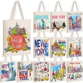 Sweetude 12 Pcs New York Tote Bag Watercolor Reusable Souvenir Canvas Bag with Zipper Pocket Abroad Trip Gift