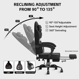 HapGIFT Gaming Chair, Computer Chair with Massage Lumbar Support, Ergonomic Gaming Chair with Footrest, High Back Adjustable Technical Fabric with Headrest, Gamer Chair for Adults (Black-White)
