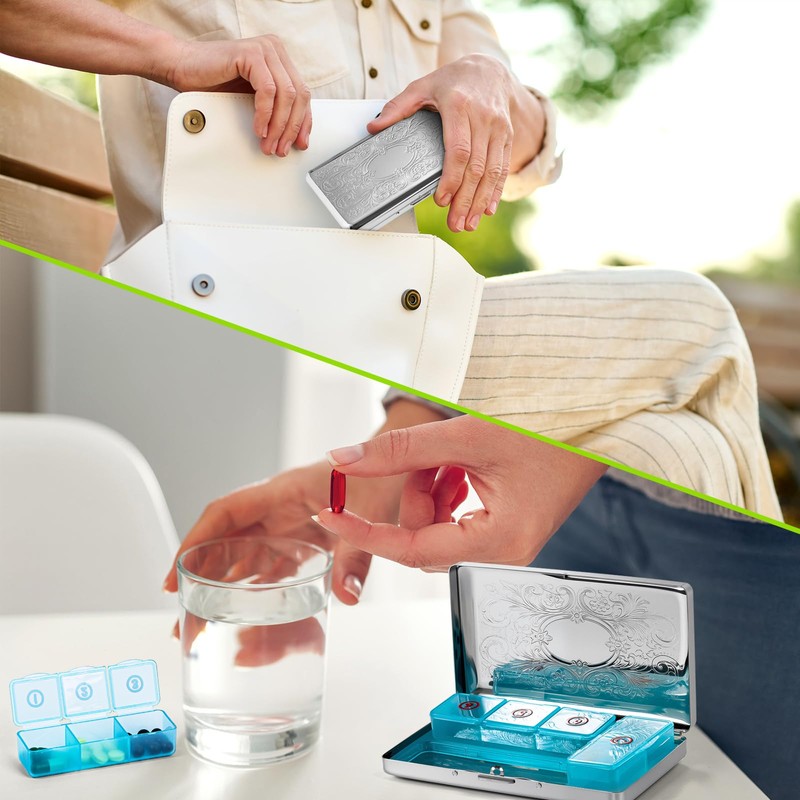 EYIDADAE Pill Organizer with 3 Compartments 7 Day Metal Pill
