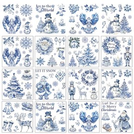 Rngmsi Christmas Rub on Transfers for Crafts - 12 Pcs Chinoiserie Christmas Flower Rub on Stickers for Furniture Xmas Santa Snowman Transfer Decals for Wood DIY Glass Home Decor