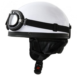 H110 Vintage Motorcycle Helmet with Goggles - Sizes XS to XL - Colours White, Glossy Black or Matte Black, XL 61cm, White