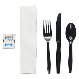 Boardwalk FKTNSMWPSBLA Six-Piece Cutlery Kit, Condiment/Fork/Knife/Napkin/Teaspoon, Black, 250/Carton