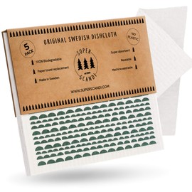 SUPERSCANDI 5 Pack (3 Printed, 2 White Cloths) Patterned Moon Green Swedish Dishcloths Reusable Biodegradable Cellulose Sponge Cleaning Cloths for Kitchen Towel Replacement Washcloths