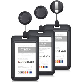 Teskyer 3 Pack Badge Holder with Retractable Clip, Heavy Duty Hard Plastic ID Card Holder with Badge Reel Clips for Office School Nurse Work Badge - Vertical Black