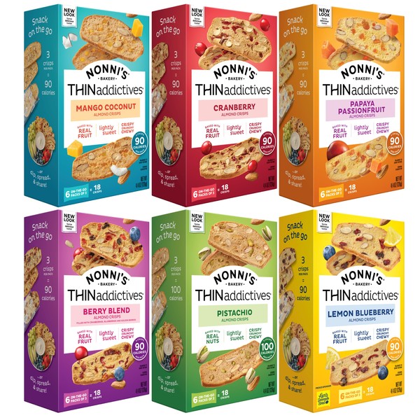 THINaddictives Variety 6 Pack - 6 Flavors w/ 18 Cookies Per Box - Sweet & Crunchy Almond Cookie Thins - Biscotti Italian Cookies - Biscotti Individually Wrapped Cookies - Kosher Coffee Cookie - 4.4 oz