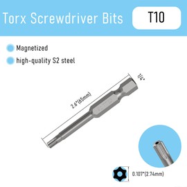 FOCMKEAS 5PCS T10 Magnetic Tamper Proof Torx Screwdriver Bits, 1/4 Inch Hex Shank 2.6 Inch Length S2 Steel Security Drill Torx Head Drill Screw Driver Tools(65mm Long, Star 6 Point)